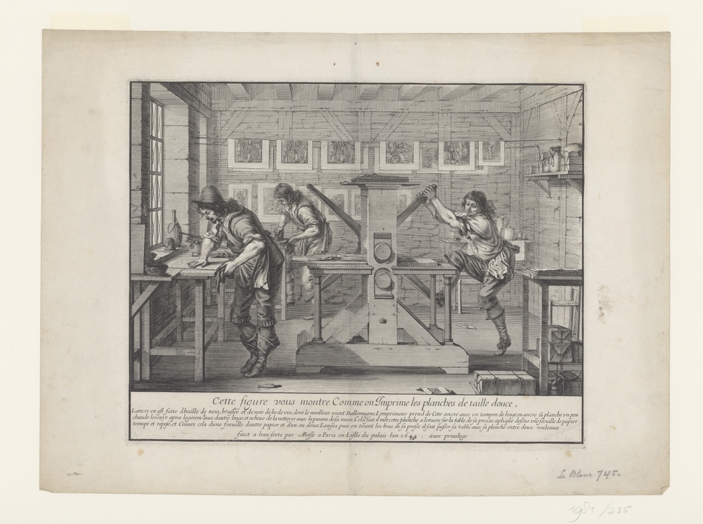 Cette figure vous montre Comme on Imprime les planches de taille douce (titel op object)