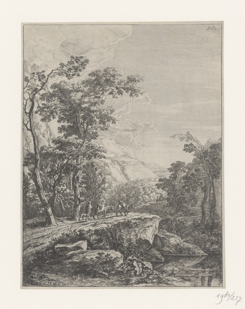 Landschap met vrouw rijdend op een muilezel langs de Aqua Negro tussen Bologna en Florence (serie: Italiaanse landschappen)