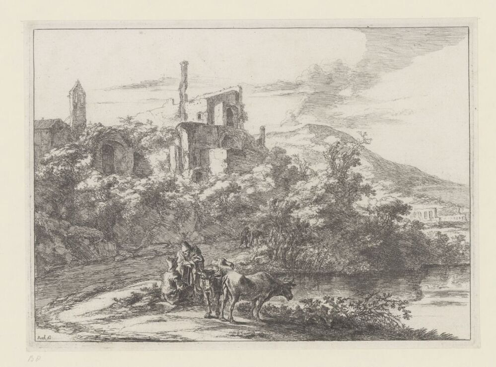 Twee koeien aan het water bij Tivoli (serie: landschappen in de omgeving van Rome)