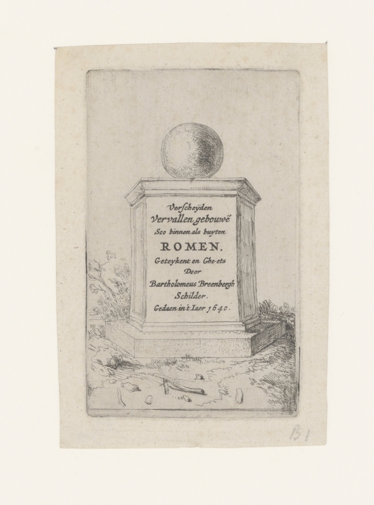 Titelpagina met tekst op een voetstuk met bovenop een bol (serie: Romeinse ruïnes)