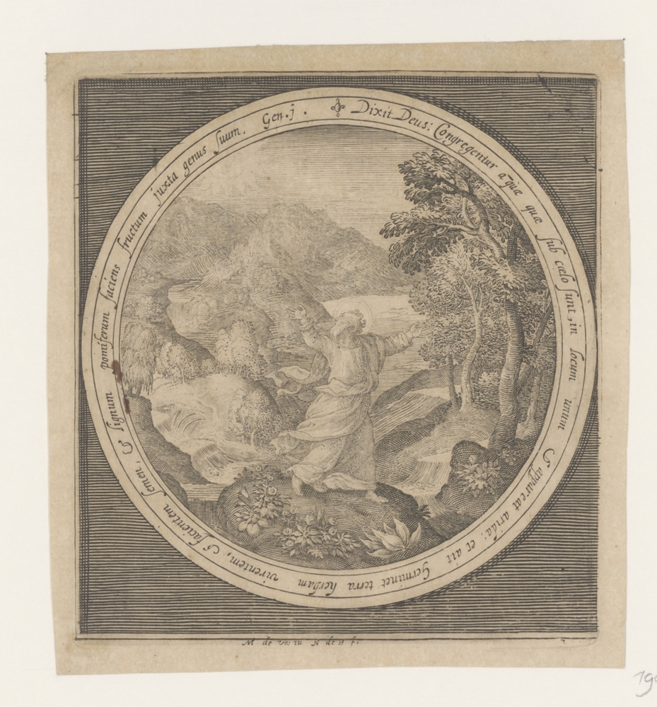 Derde dag van schepping: God schept land en zaadvormende planten en bomen met vruchten die zaden dragen (serie: Van schepping tot verdrijving uit paradijs)