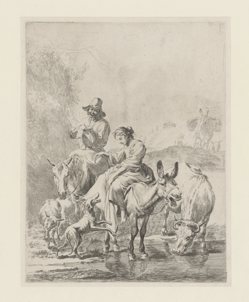 Herderin op ezel en herder op paard steken beek over