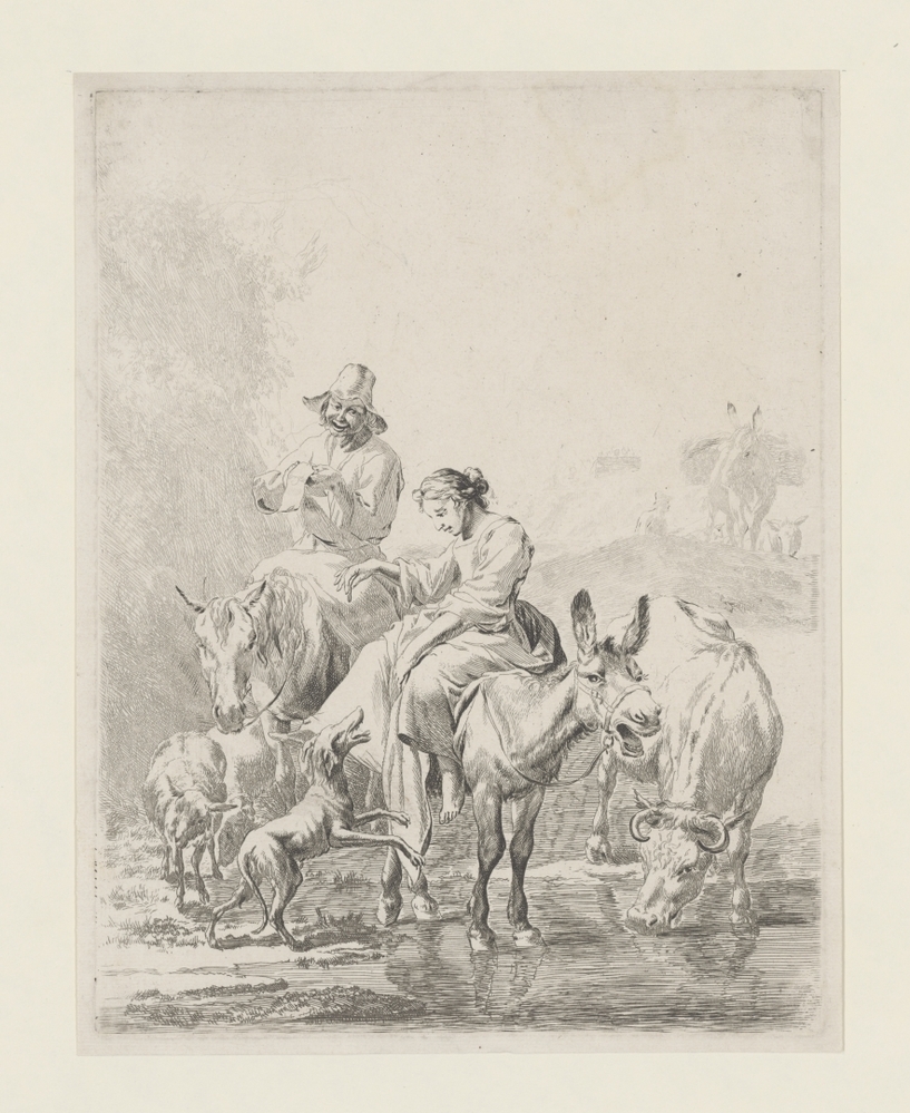 Herderin op ezel en herder op paard steken beek over