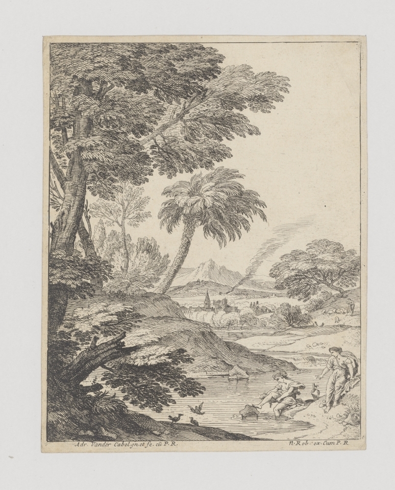 Landschap met baadsters (serie: Premier livre des paisages du sieur Vandrecable)