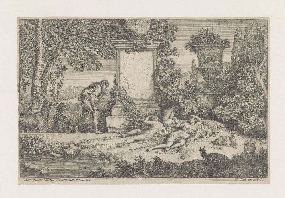 Titelpagina met slapende herderinnen (uit de serie: Seconds livre de paisages du sr Vandrecable)