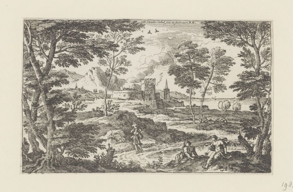 Landschap met drie vrouwen en kasteel