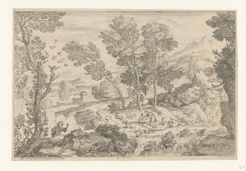 landschap met waterval en diverse dieren en figuren (serie: Landschappen)