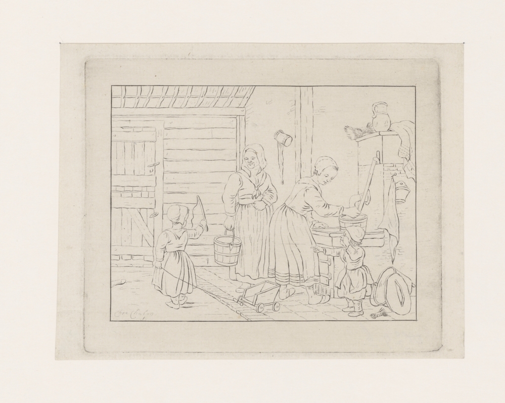 Twee vrouwen en twee kinderen bij een pomp