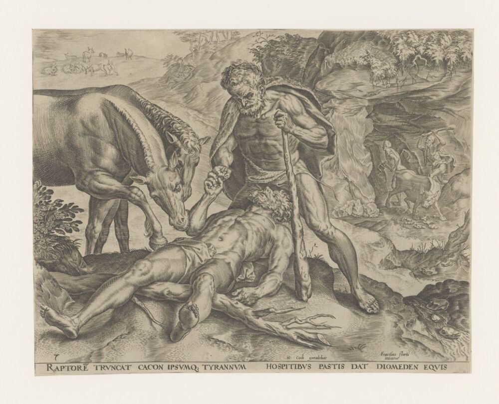Hercules voert Diomedes aan zijn paarden (serie: Werken van Hercules)