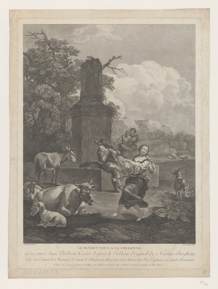 Musicerende en dansende herders bij een gebroken zuil