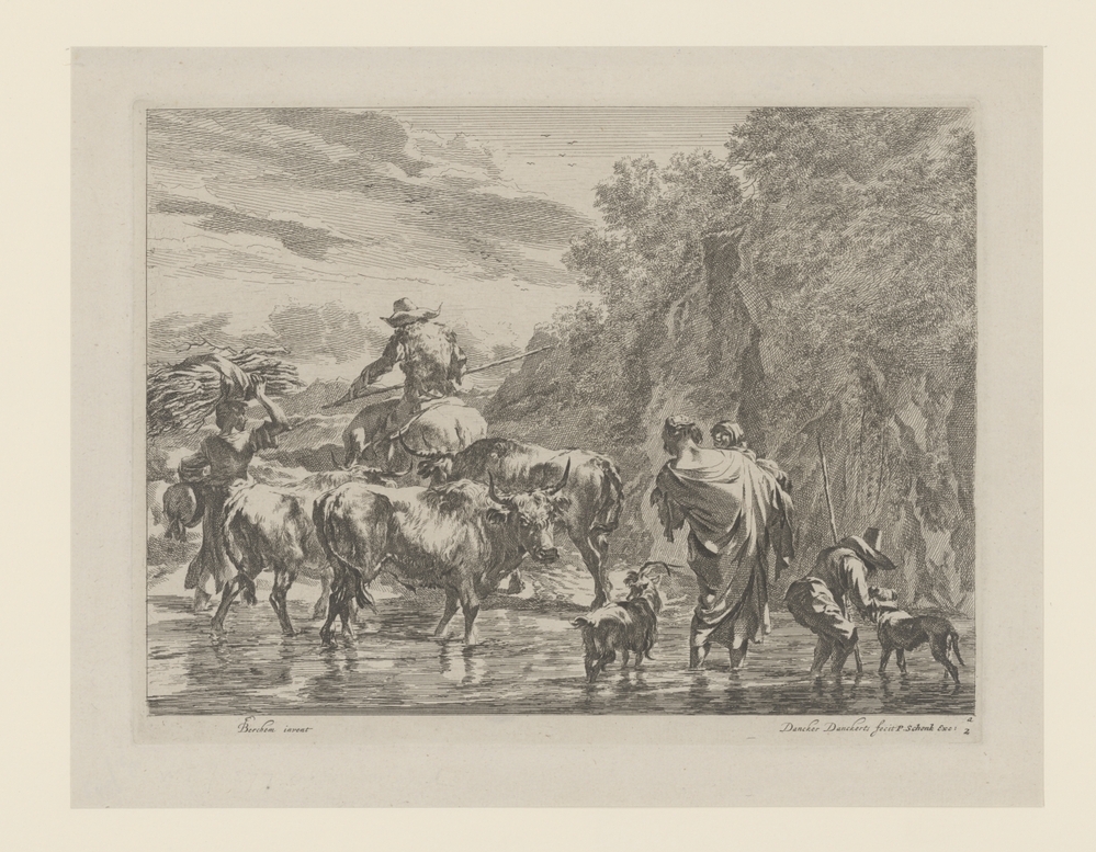 Herders waden met kudde koeien door beek (serie: Zuidelijke landschappen)