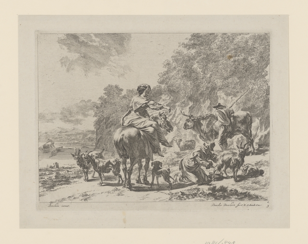 Landschap met vrouw te paard en herderin die een geit melkt (serie: Zuidelijke landschappen)