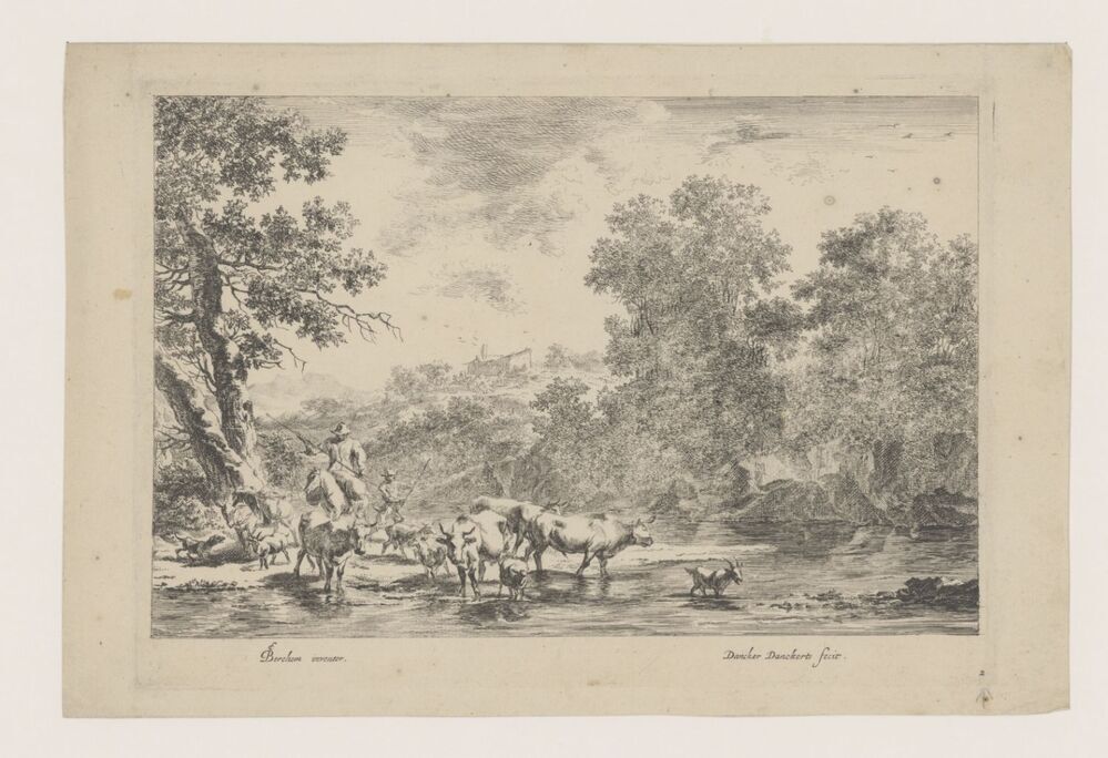 Italiaans landschap met herder te paard met vee bij rivier (serie: Italiaanse landschappen)