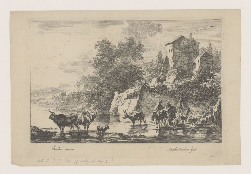 Italiaans landschap met herders, koeien en ezels in het water (serie: Italiaanse landschappen)