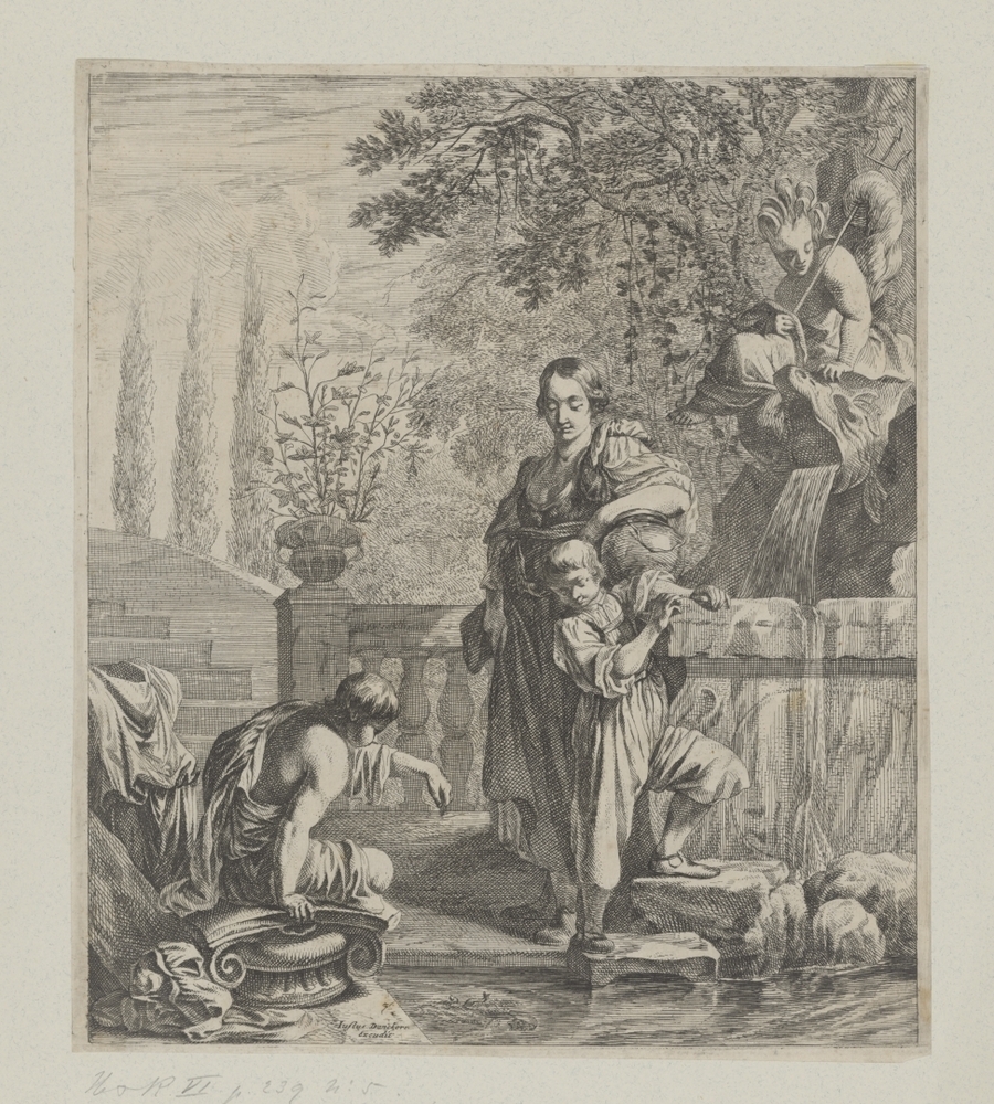 Vrouw met twe kinderen bij een fontein