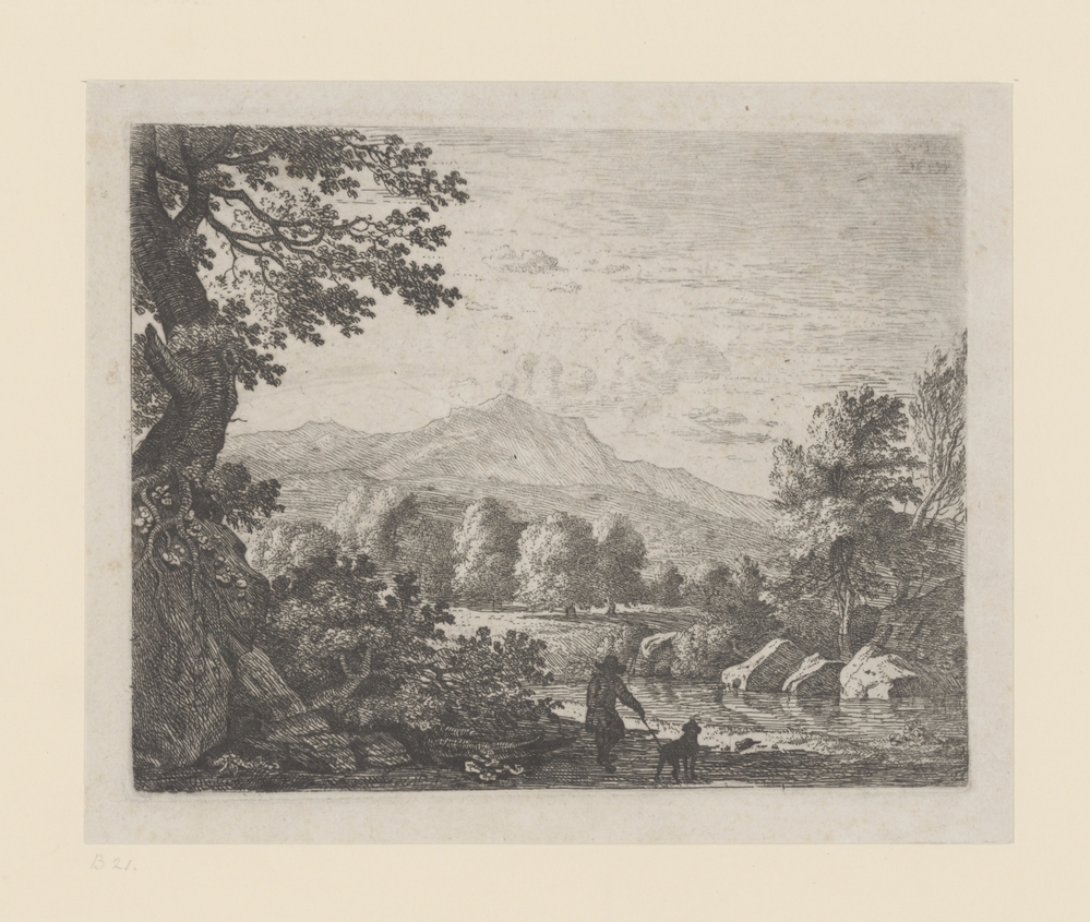 Heuvellandschap met man en hond