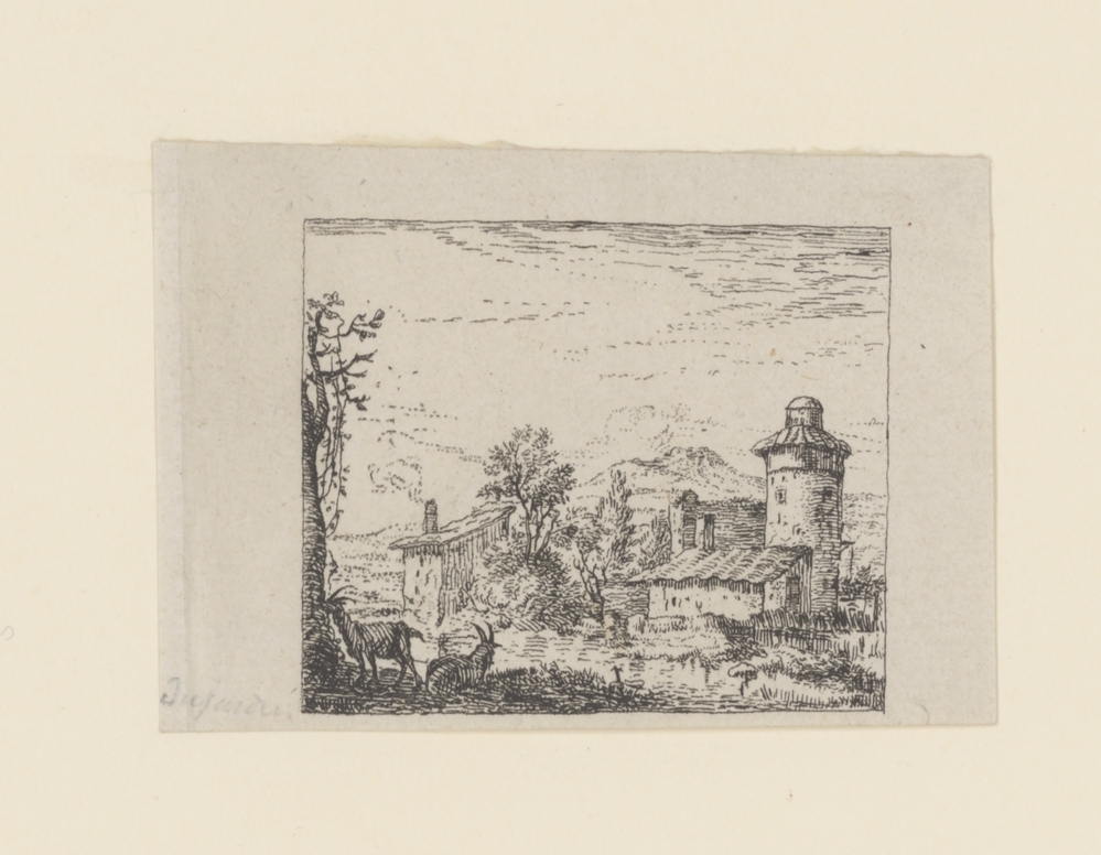 Italianiserend landschap met ronde toren en twee geiten (serie: 
Kleine landschappen)