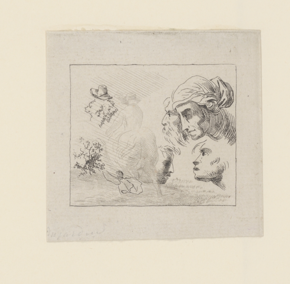 Studieblad met hoofden en ruiter