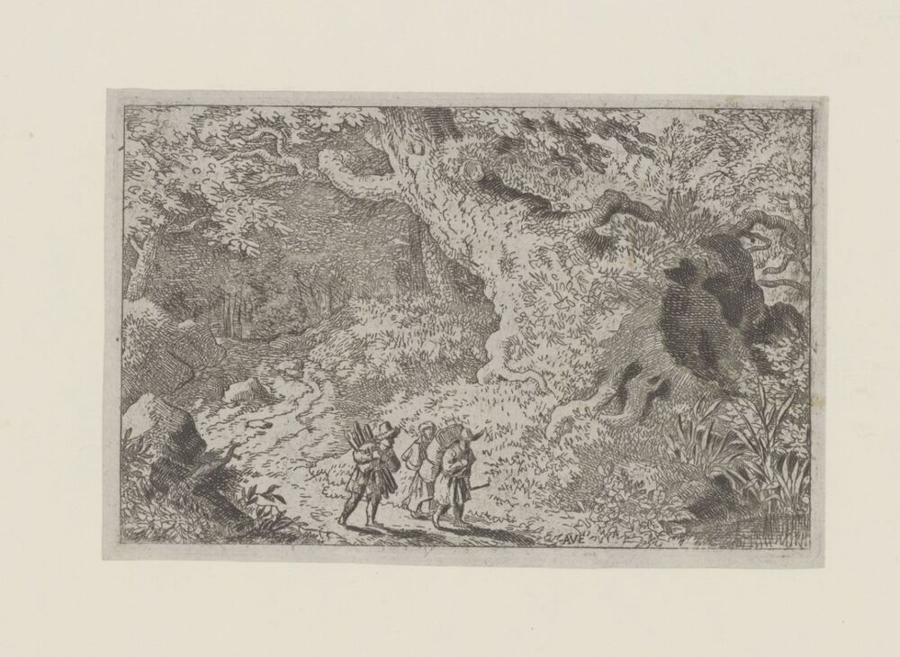 Drie reizigers in een bos