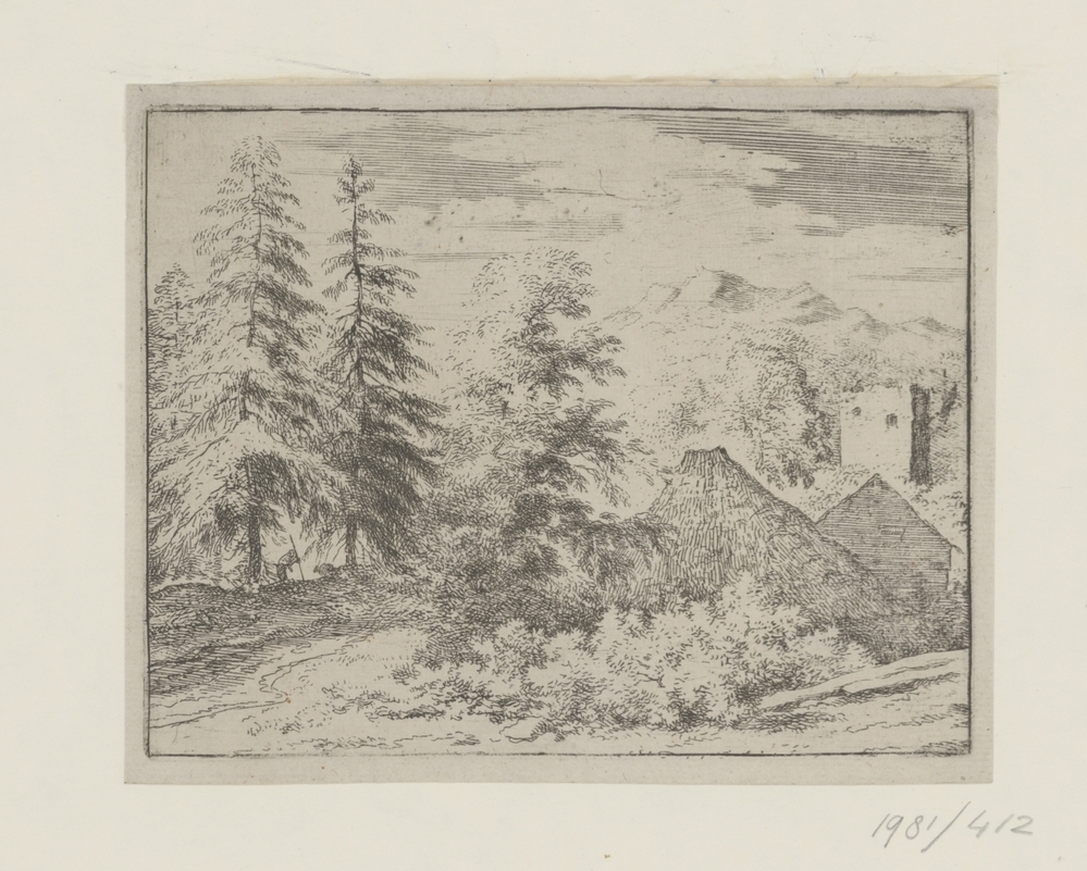 Landschap met man tussen twee sparren