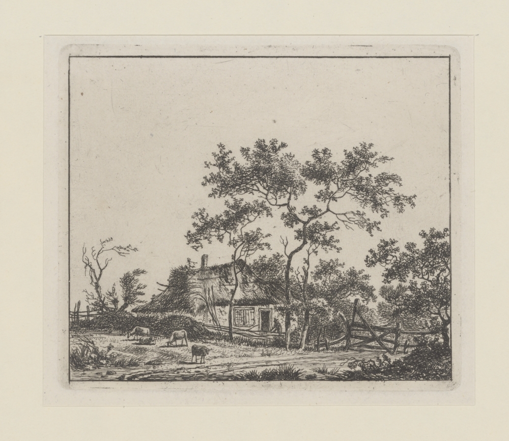 Boerderij met vier schapen of koeien (serie: Zes landschappen)