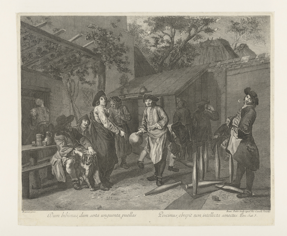 Lui voor herberg met dobbelspel