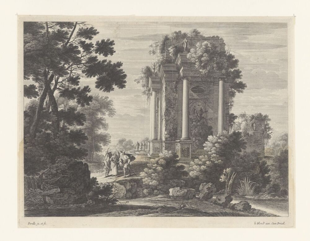 Landschap met Christus en twee mannen voor antieke ruïne