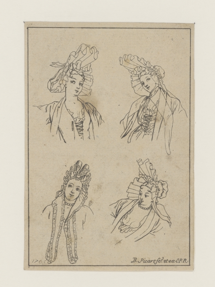 Vier vrouwenhoofden in verschillende standen, met fontange (serie:  Studiebladen met modeverschijnselen)