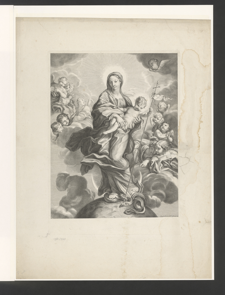 De maagd Maria op een globe met kind