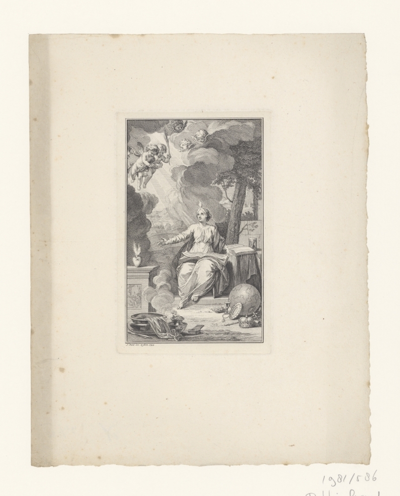 Allegorische voorstelling met een vrouwfiguur in een landschap