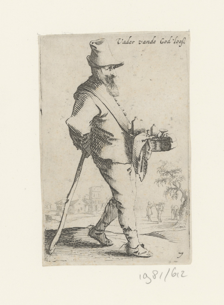 Marskramer leunend op een stok