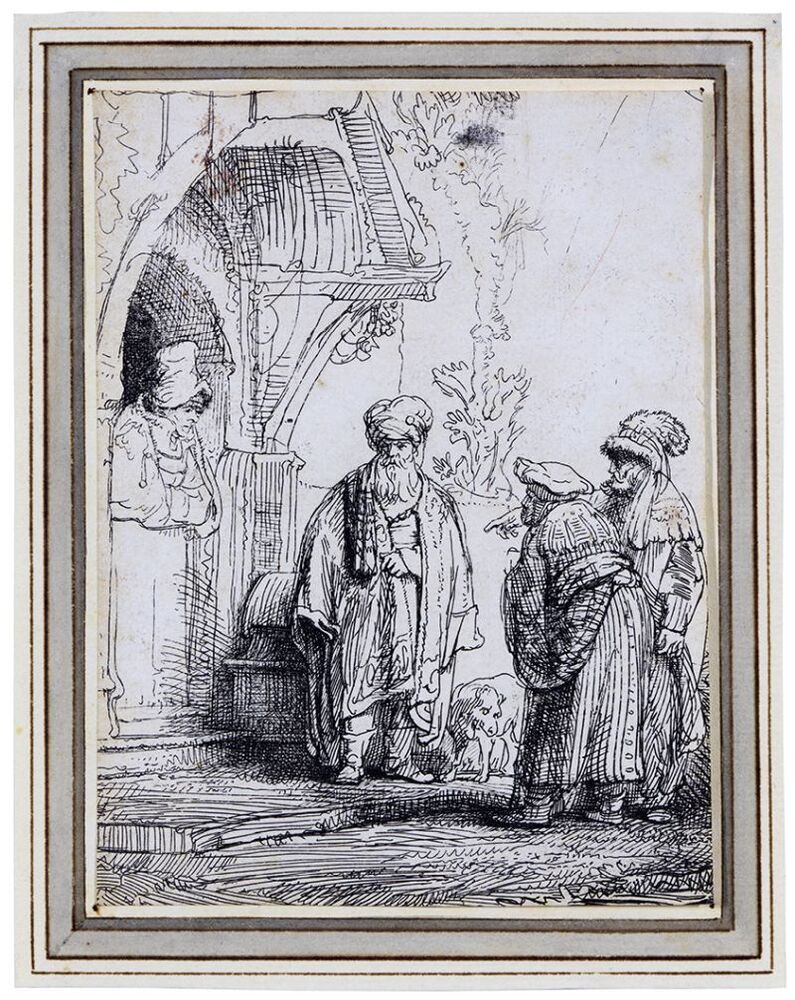 Drie oosterse figuren (Jacob en Laban?)