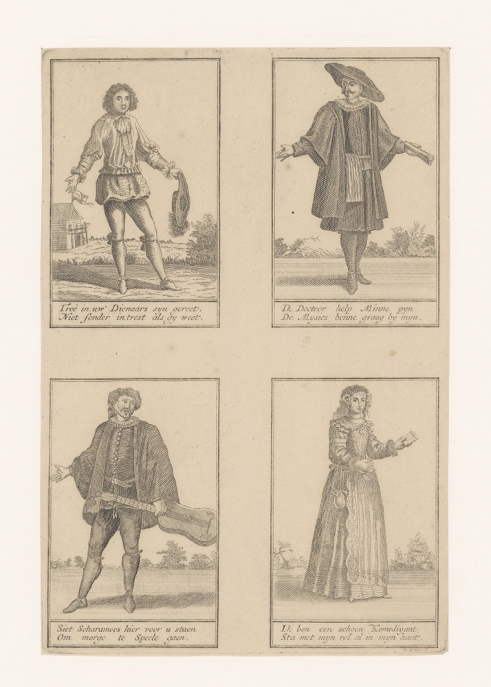 Vier toneelfiguren: dienaar, dokter, Scharamoes, komediant