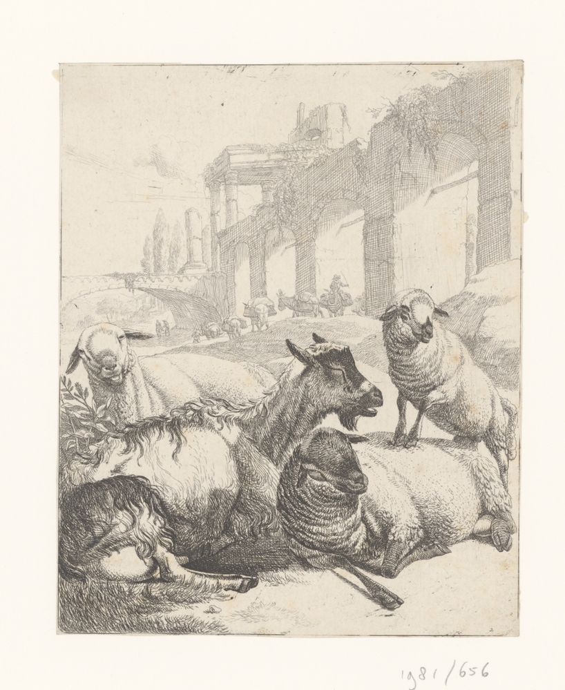 Twee liggende schapen, een liggende geit en een staand lam bij aquaduct. (serie: Bestenboekje, deel 1)