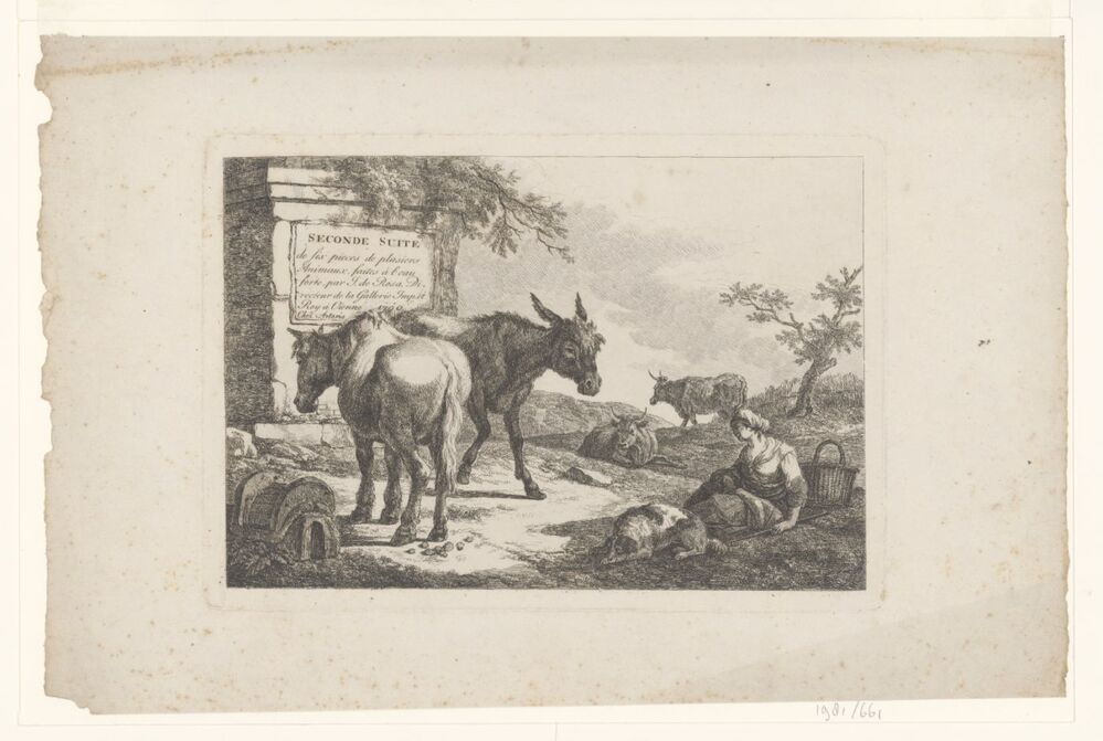 Herderin, twee ezels, twee koeien (titelblad serie: Seconde Suite de six pieces de plusiers groupes de differents animeaux ...)
