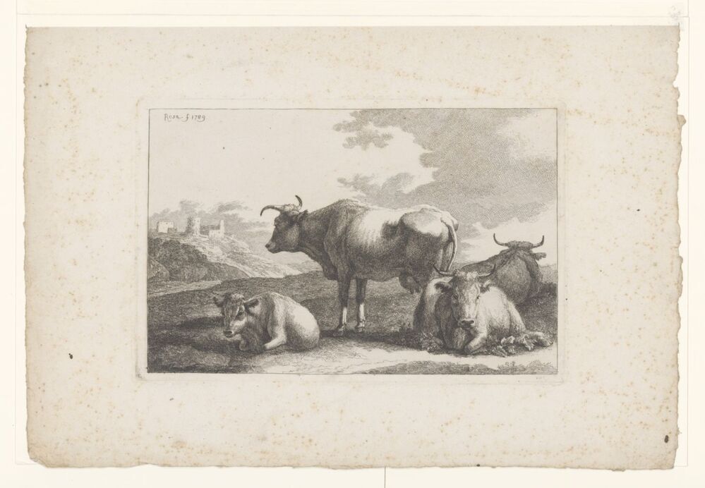 Drie koeien en een kalf in landschap (serie: Seconde Suite de six pieces de plusiers groupes de differents animeaux ...)