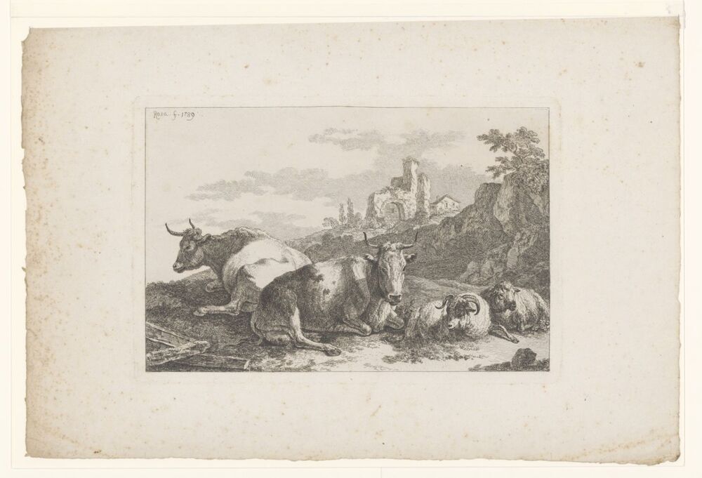 Twee koeien en twee schapen in landschap (serie: Seconde Suite de six pieces de plusiers groupes de differents animeaux ...)