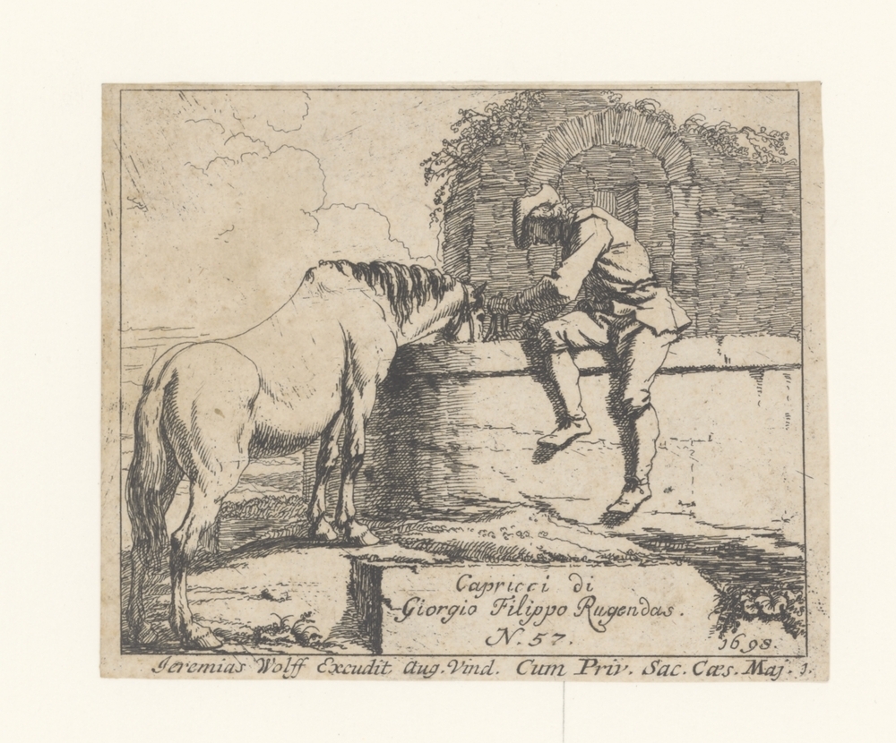 Titelprent met een man die zijn paard laat drinken bij een put (serie: Capricci)