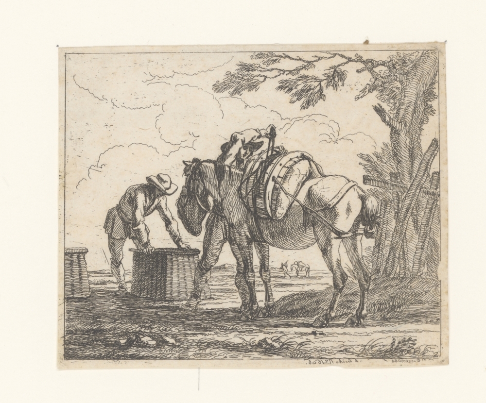 Paard wordt gevoerd en afgeladen (serie: Capricci)