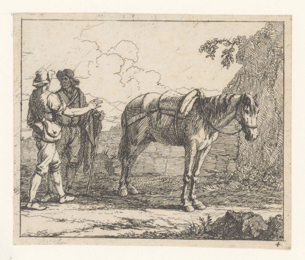 Twee reizigers en een gezadeld paard (serie: Capricci)