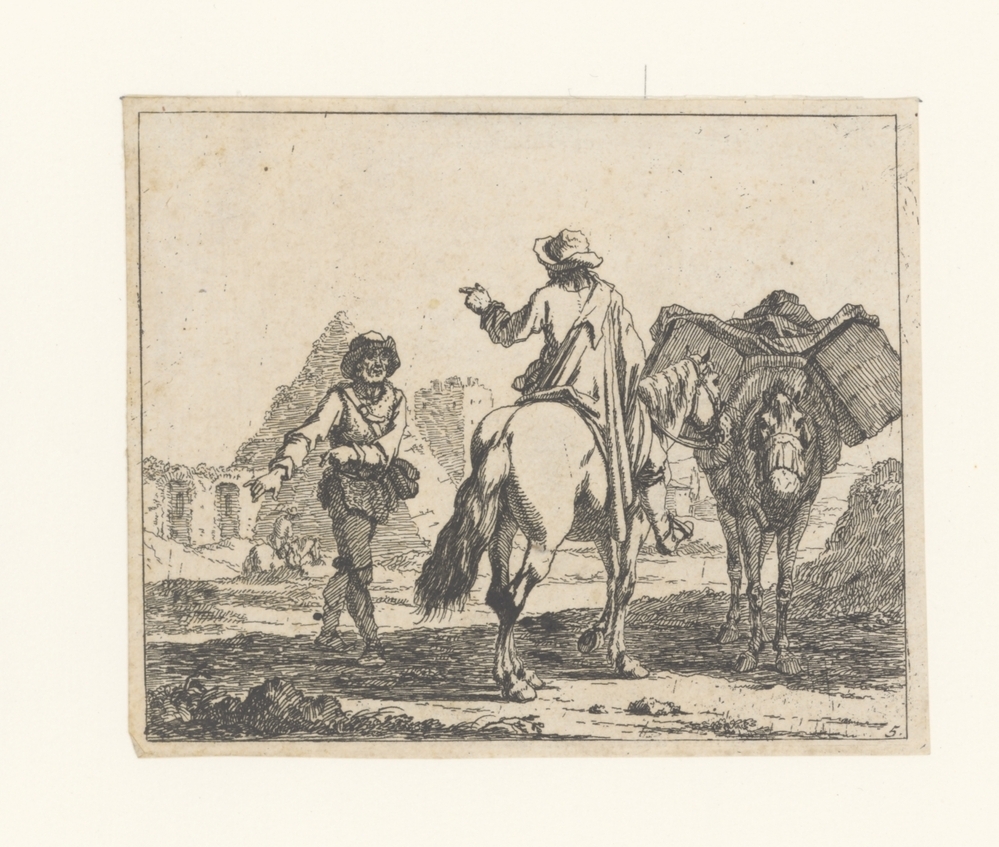 Een reiziger te paard, met een zwaar beladen paard, spreekt met een man (serie: Capricci)