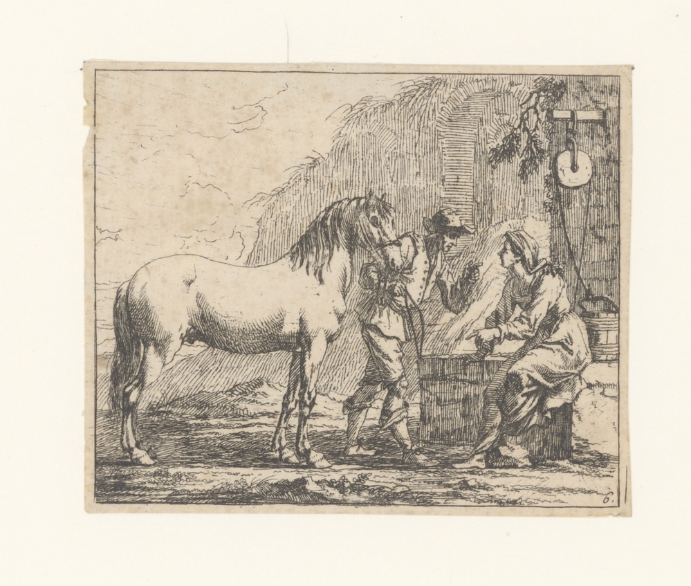 Man en vrouw bij put, man houdt een paard bij leidsel (serie: Capricci)