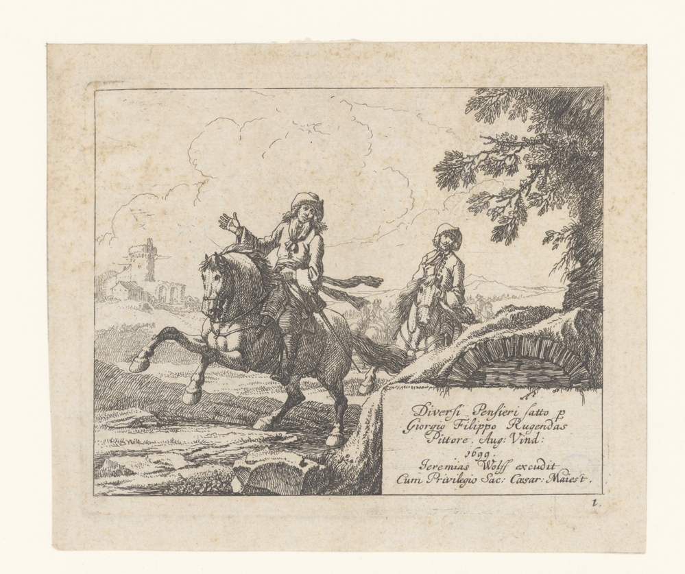 Titelblad met twee ruiters in een landschap (serie: Diversi Pensieri)