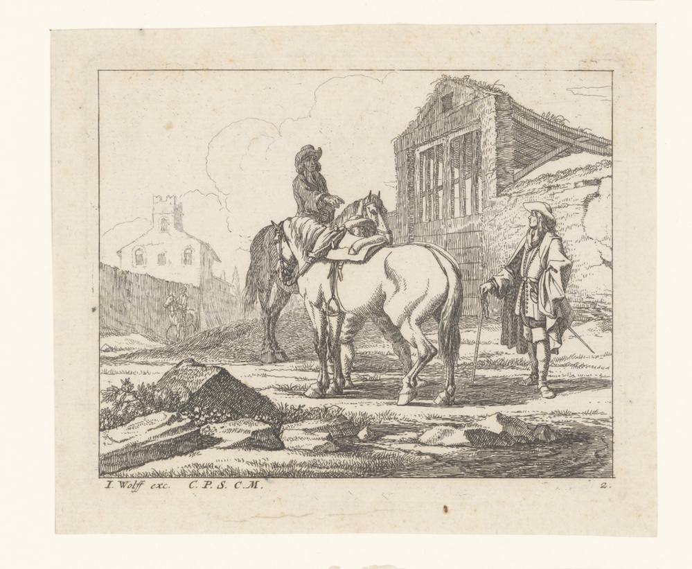 Ruiter spreekt met een man die bij zijn paard staat (serie: Diversi Pensieri)