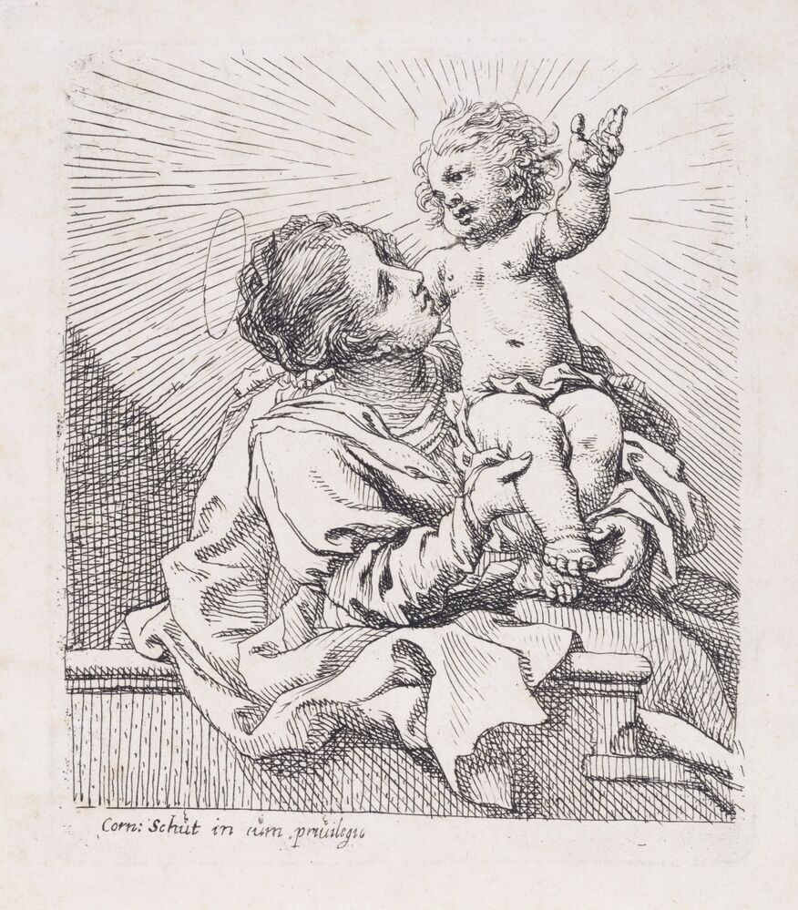 Madonna leunend op een arm en het Kind zittend op haar borst