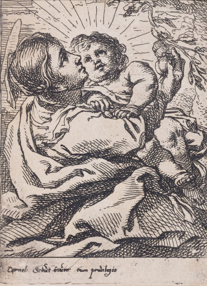 Madonna met Kind op haar arm plukt een vrucht