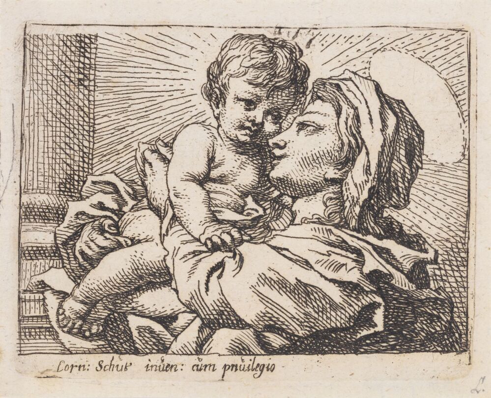 Madonna met kind in haar armen en links het basement van een zuil