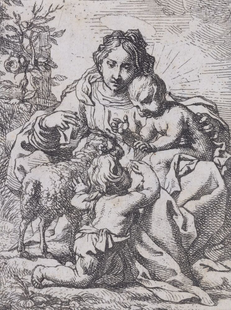 Madonna met Kind op schoot en aan haar rechterzijde Johannes en het Lam
