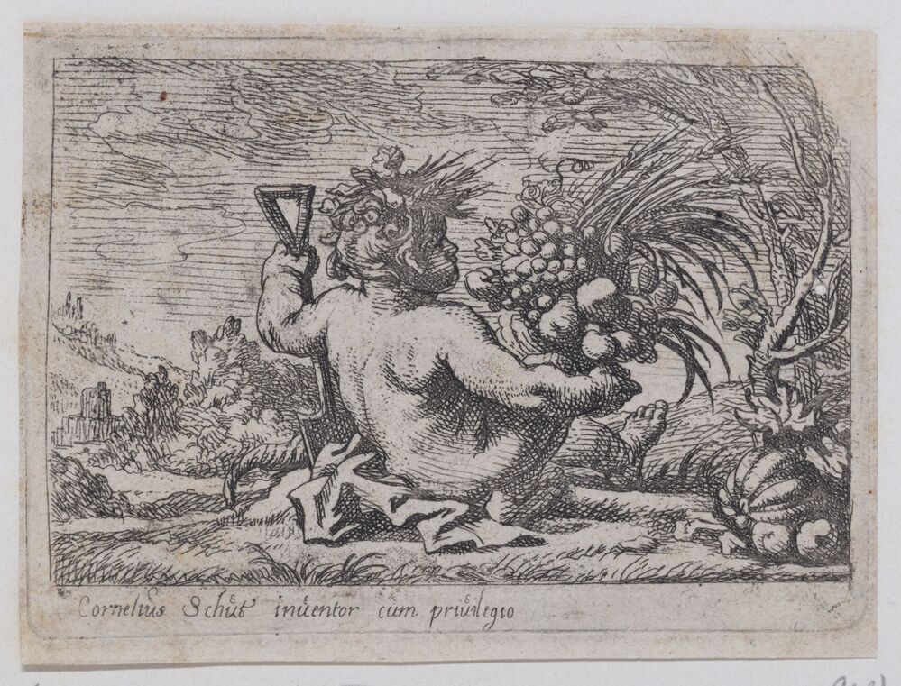 De aarde: Kind zittend op de grond met in z'n rechterhand vruchtenaren