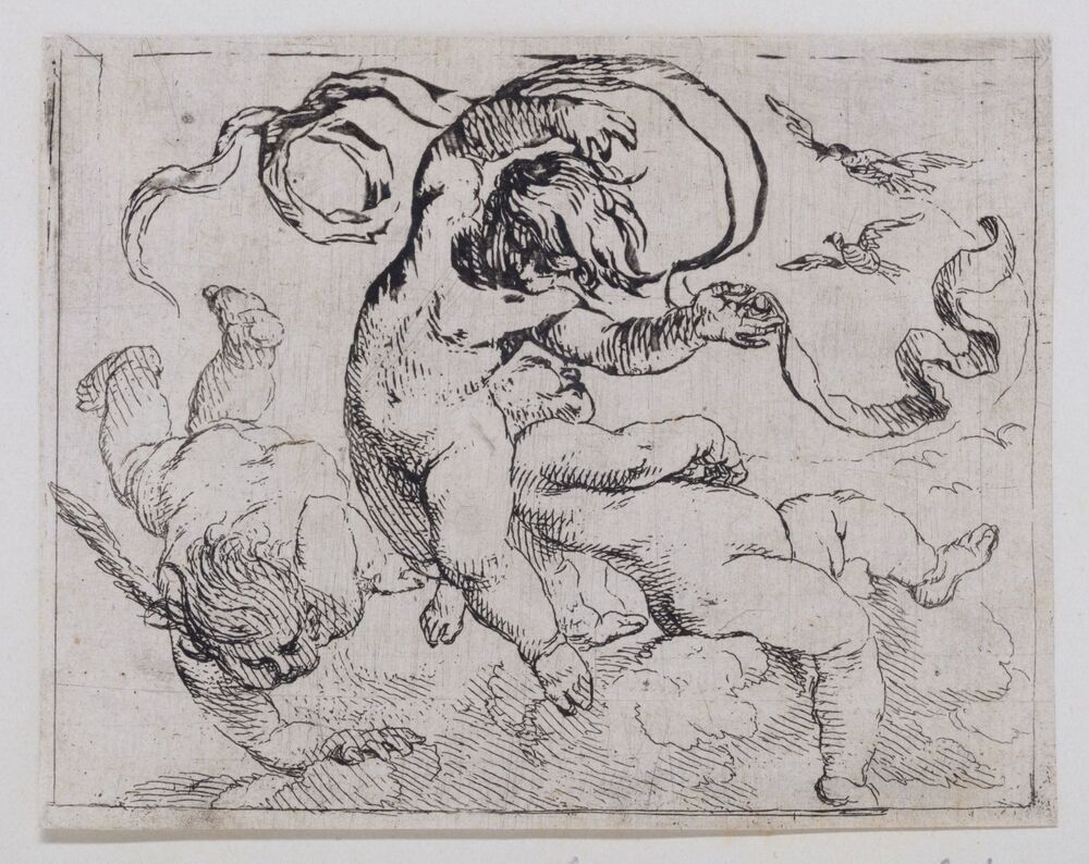 De lucht: Drie vliegende putti waarvan de middelste een vlag boven zich houdt